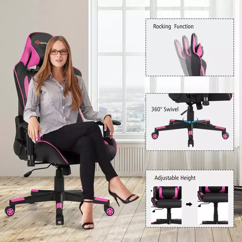Chaise gaming de massage Costway inclinable de course avec soutien lombaire et appui-tête, blanc/bleu/rose/rouge