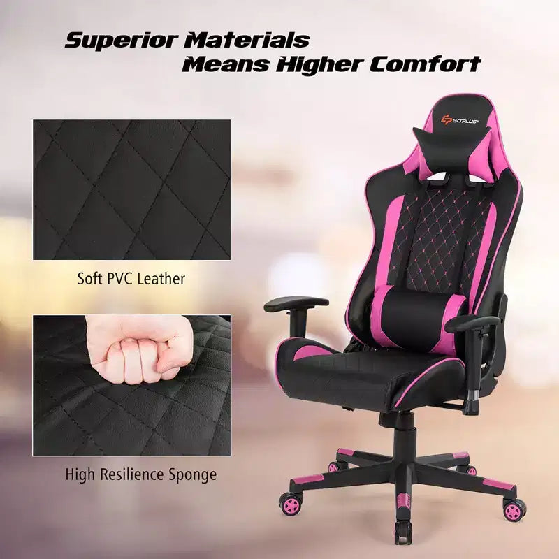 Chaise gaming de massage Costway inclinable de course avec soutien lombaire et appui-tête, blanc/bleu/rose/rouge
