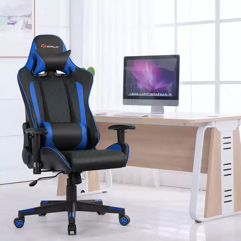 Chaise gaming de massage Costway inclinable de course avec soutien lombaire et appui-tête, blanc/bleu/rose/rouge