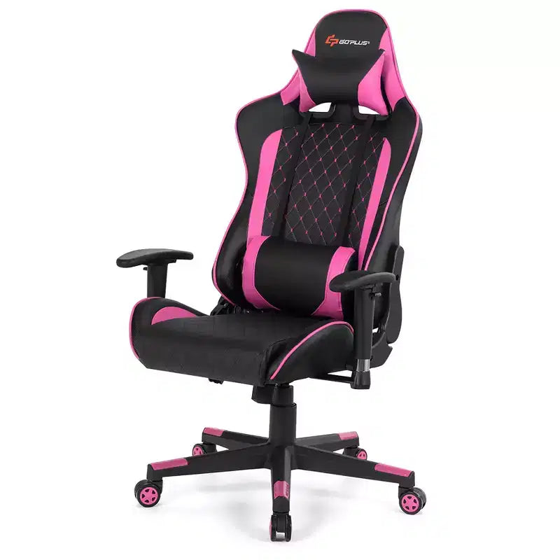 Chaise gaming de massage Costway inclinable de course avec soutien lombaire et appui-tête, blanc/bleu/rose/rouge