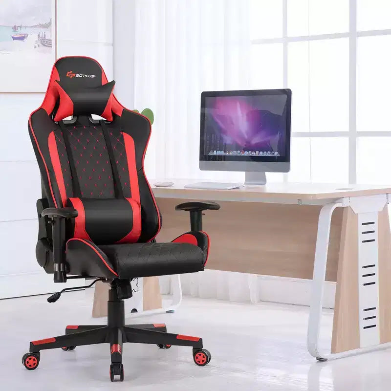 Chaise gaming de massage Costway inclinable de course avec soutien lombaire et appui-tête, blanc/bleu/rose/rouge