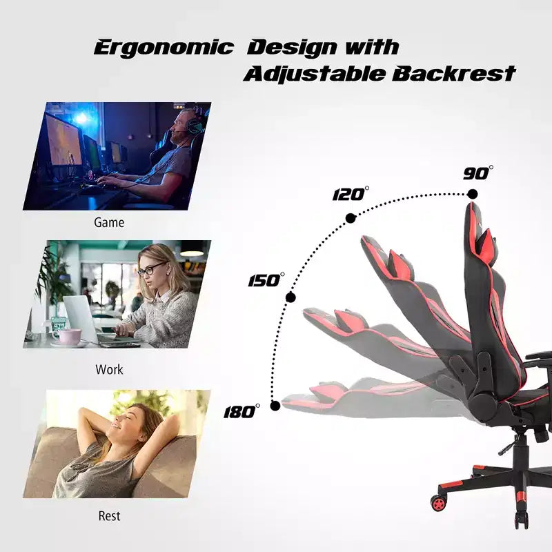 Chaise gaming de massage Costway inclinable de course avec soutien lombaire et appui-tête, blanc/bleu/rose/rouge