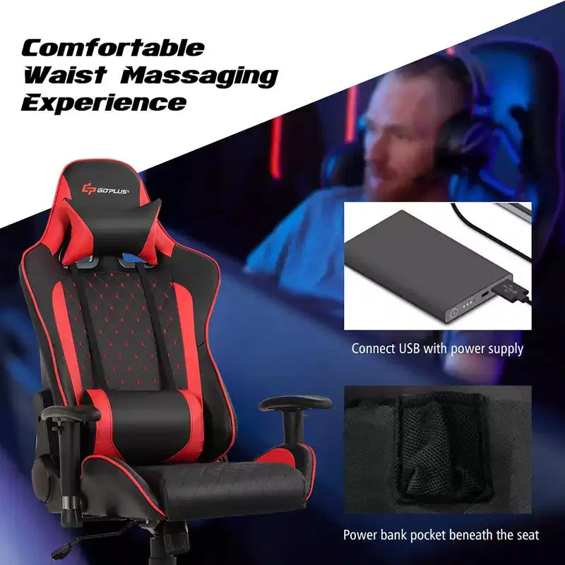 Chaise gaming de massage Costway inclinable de course avec soutien lombaire et appui-tête, blanc/bleu/rose/rouge