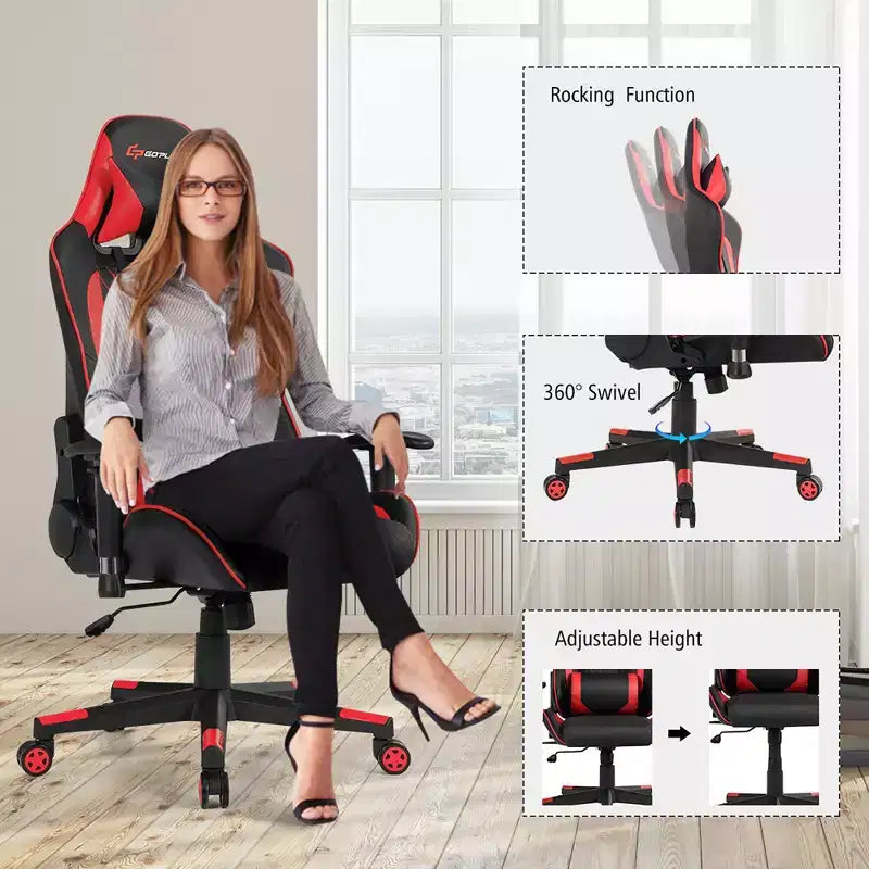 Chaise gaming de massage Costway inclinable de course avec soutien lombaire et appui-tête, blanc/bleu/rose/rouge
