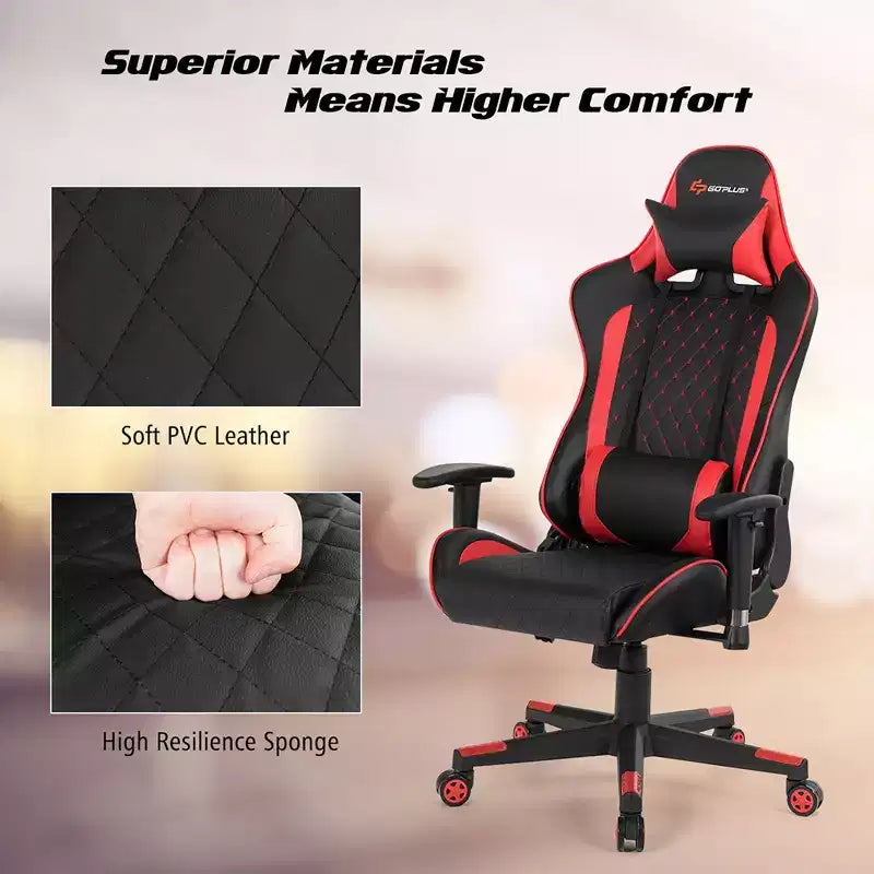 Chaise gaming de massage Costway inclinable de course avec soutien lombaire et appui-tête, blanc/bleu/rose/rouge