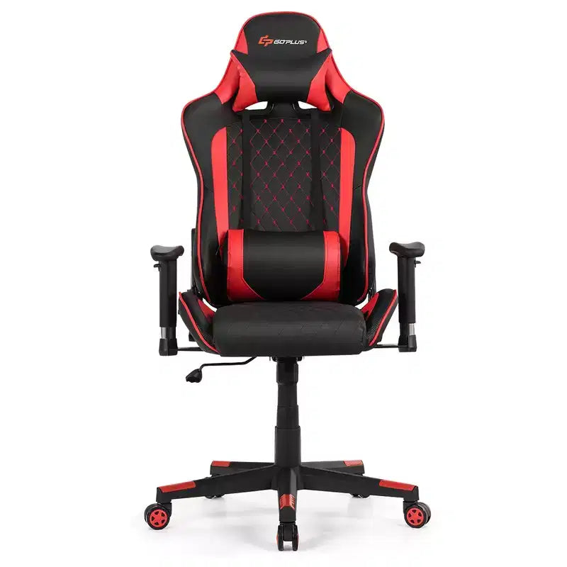 Chaise gaming de massage Costway inclinable de course avec soutien lombaire et appui-tête, blanc/bleu/rose/rouge