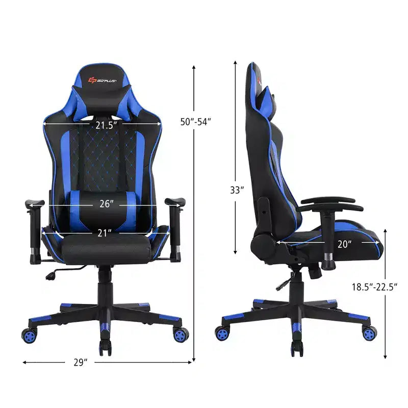 Chaise gaming de massage Costway inclinable de course avec soutien lombaire et appui-tête, blanc/bleu/rose/rouge
