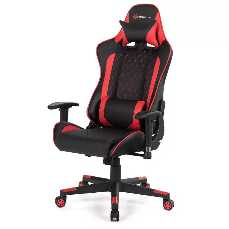 Chaise gaming de massage Costway inclinable de course avec soutien lombaire et appui-tête, blanc/bleu/rose/rouge