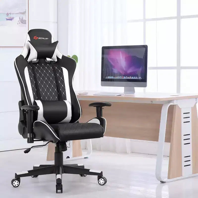 Chaise gaming de massage Costway inclinable de course avec soutien lombaire et appui-tête, blanc/bleu/rose/rouge