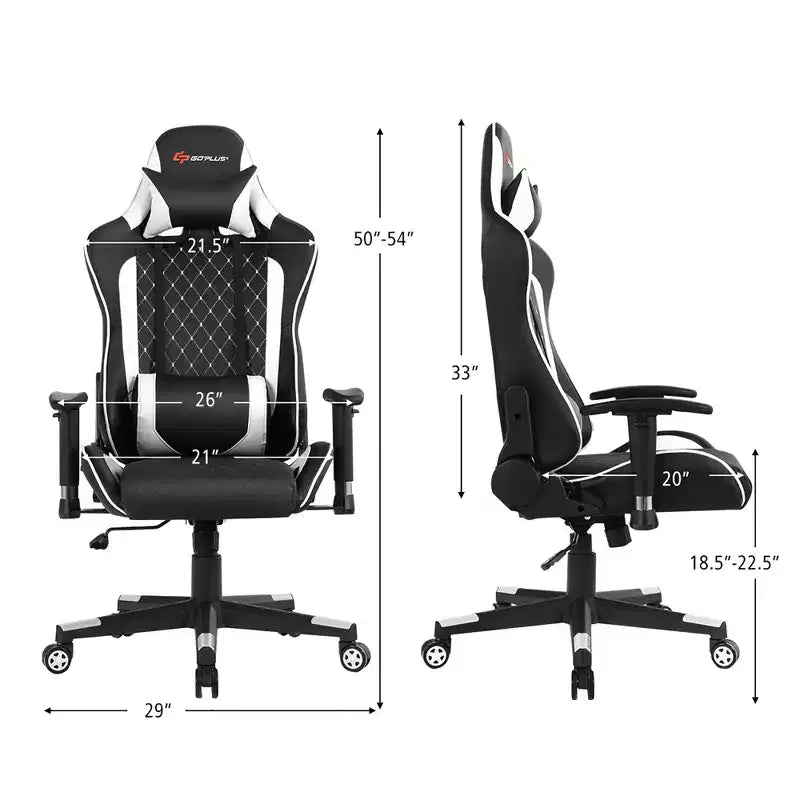 Chaise gaming de massage Costway inclinable de course avec soutien lombaire et appui-tête, blanc/bleu/rose/rouge