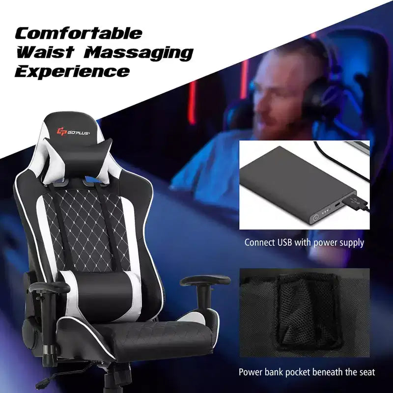 Chaise gaming de massage Costway inclinable de course avec soutien lombaire et appui-tête, blanc/bleu/rose/rouge