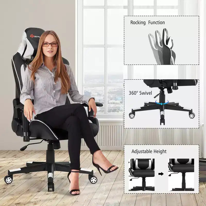 Chaise gaming de massage Costway inclinable de course avec soutien lombaire et appui-tête, blanc/bleu/rose/rouge