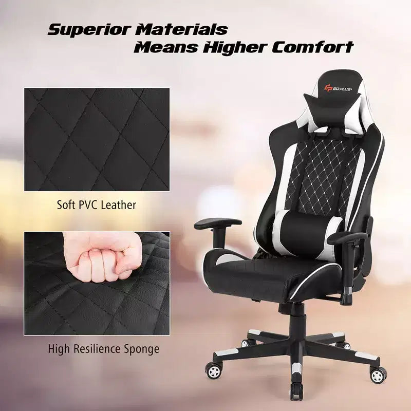 Chaise gaming de massage Costway inclinable de course avec soutien lombaire et appui-tête, blanc/bleu/rose/rouge