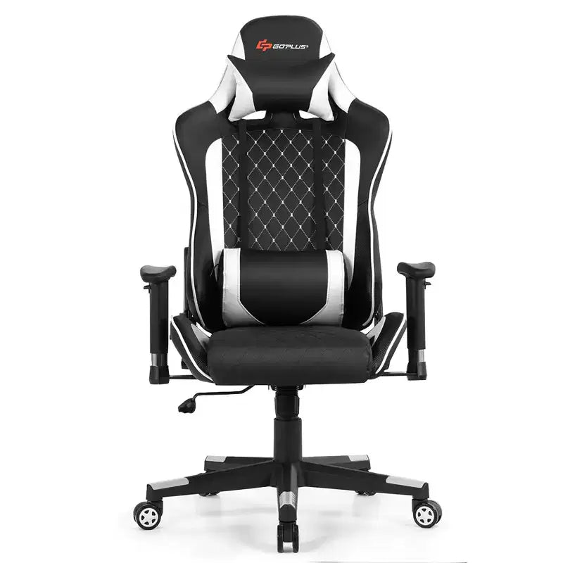 Chaise gaming de massage Costway inclinable de course avec soutien lombaire et appui-tête, blanc/bleu/rose/rouge