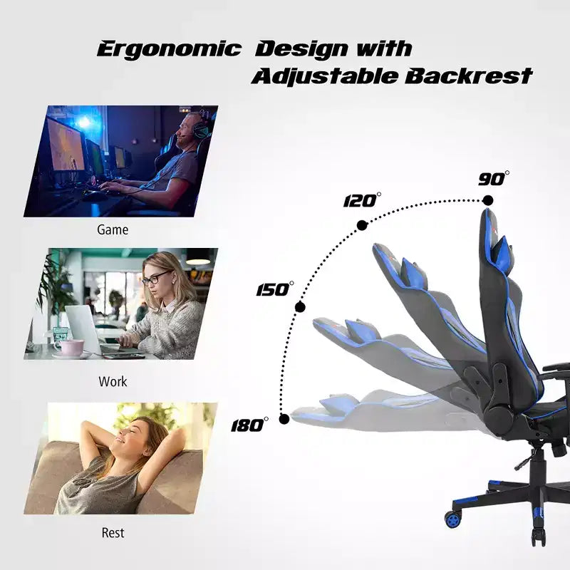 Chaise gaming de massage Costway inclinable de course avec soutien lombaire et appui-tête, blanc/bleu/rose/rouge