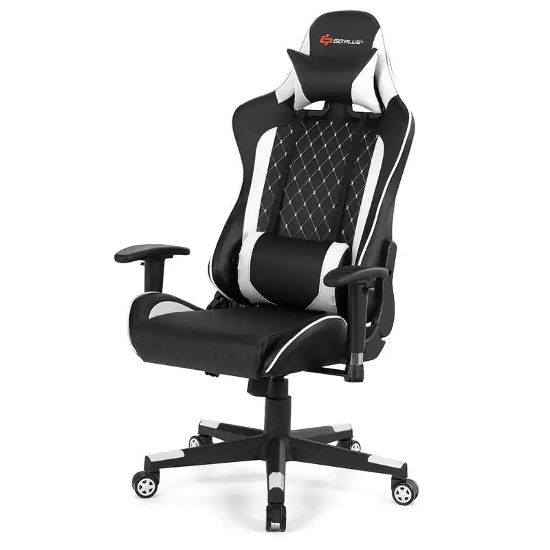 Chaise gaming de massage Costway inclinable de course avec soutien lombaire et appui-tête, blanc/bleu/rose/rouge