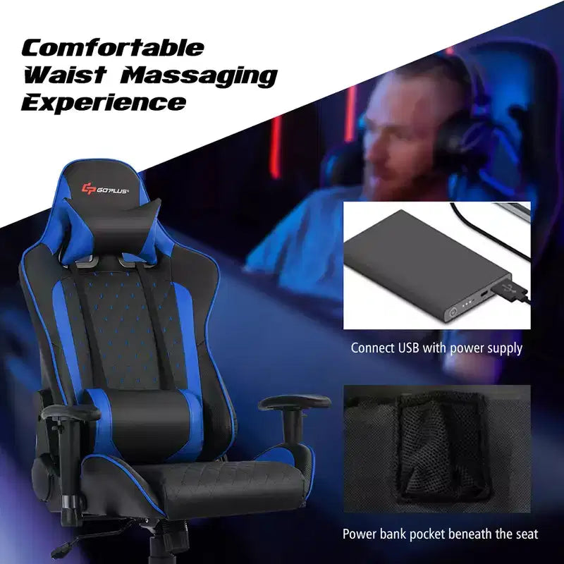 Chaise gaming de massage Costway inclinable de course avec soutien lombaire et appui-tête, blanc/bleu/rose/rouge