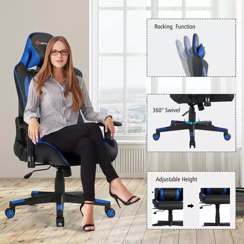 Chaise gaming de massage Costway inclinable de course avec soutien lombaire et appui-tête, blanc/bleu/rose/rouge