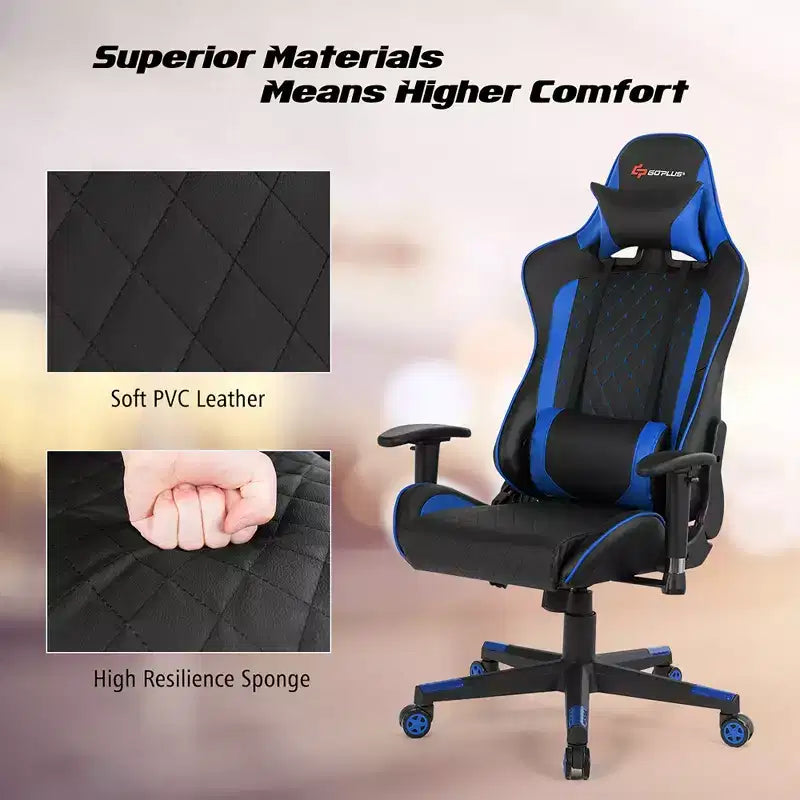 Chaise gaming de massage Costway inclinable de course avec soutien lombaire et appui-tête, blanc/bleu/rose/rouge