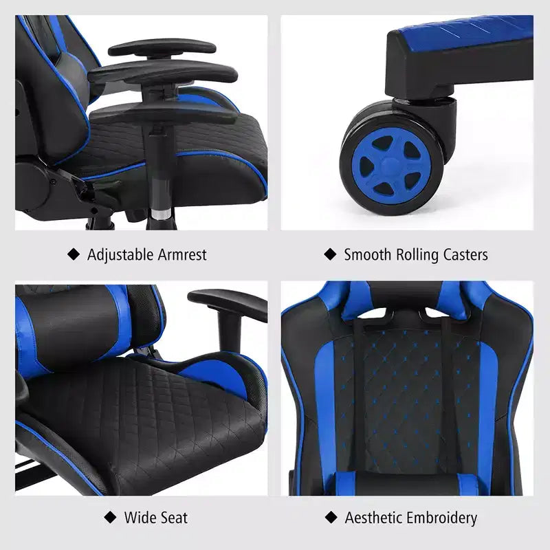 Chaise gaming de massage Costway inclinable de course avec soutien lombaire et appui-tête, blanc/bleu/rose/rouge