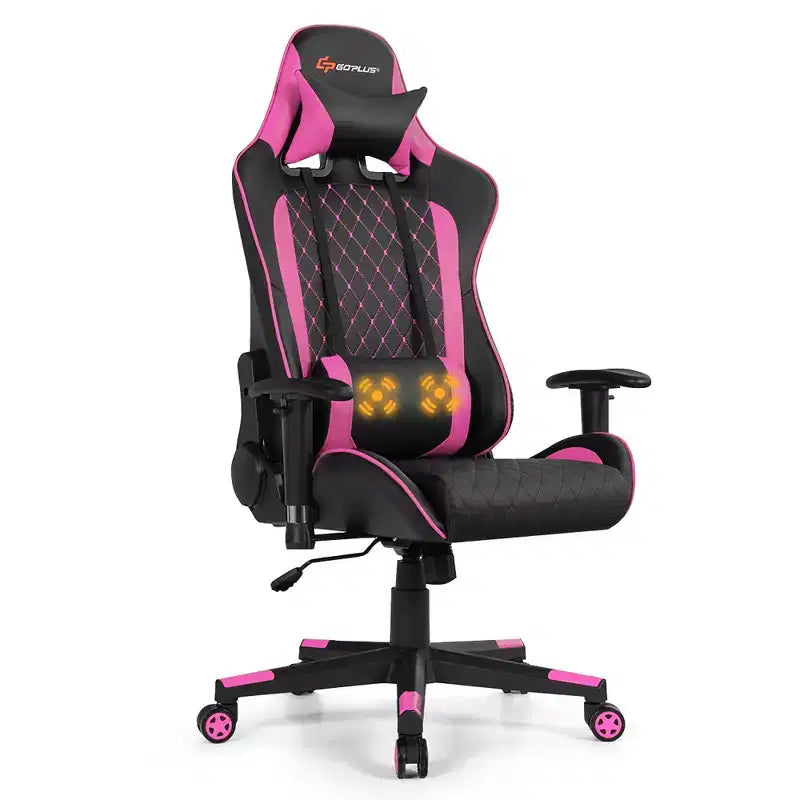 Chaise gaming de massage Costway inclinable de course avec soutien lombaire et appui-tête, blanc/bleu/rose/rouge