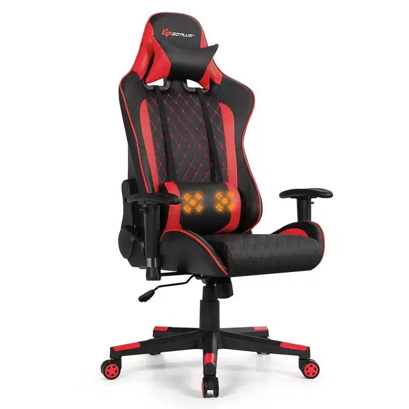Chaise gaming de massage Costway inclinable de course avec soutien lombaire et appui-tête, blanc/bleu/rose/rouge