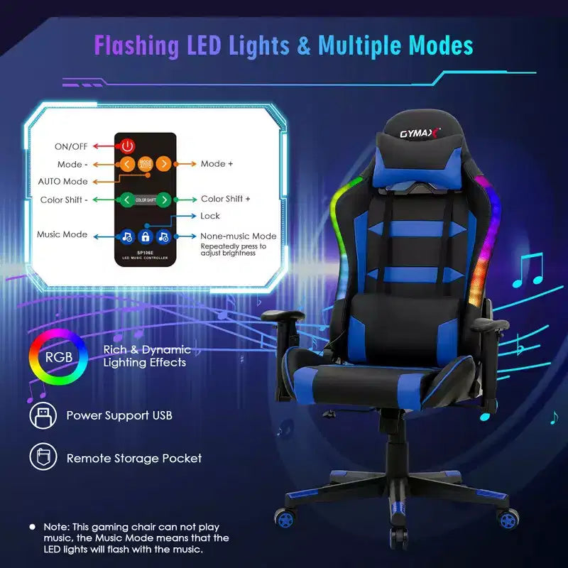 Chaise gaming Costway pivotante réglable pour ordinateur avec lumières LED et télécommande