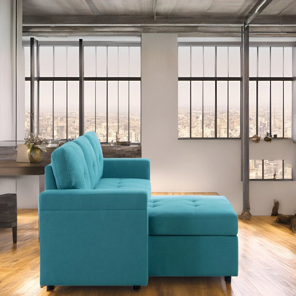 Canapé sectionnel convertible réversible avec lit escamotable, méridienne de rangement dissimulée et pieds durables
