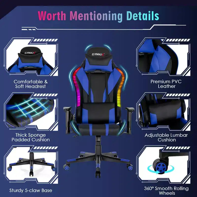 Chaise gaming Costway pivotante réglable pour ordinateur avec lumières LED dynamiques