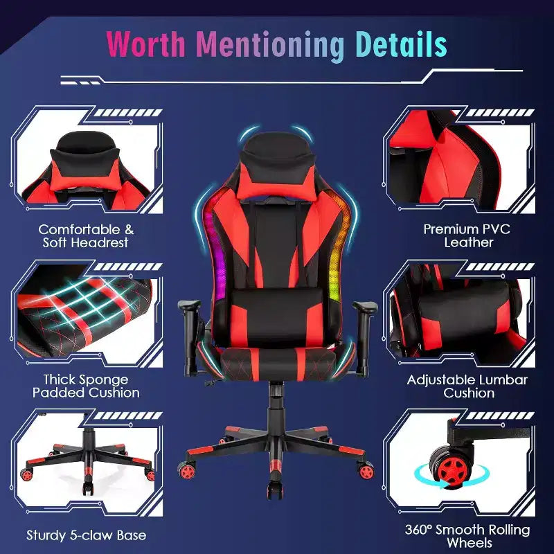 Chaise gaming Costway pivotante réglable pour ordinateur avec lumières LED dynamiques