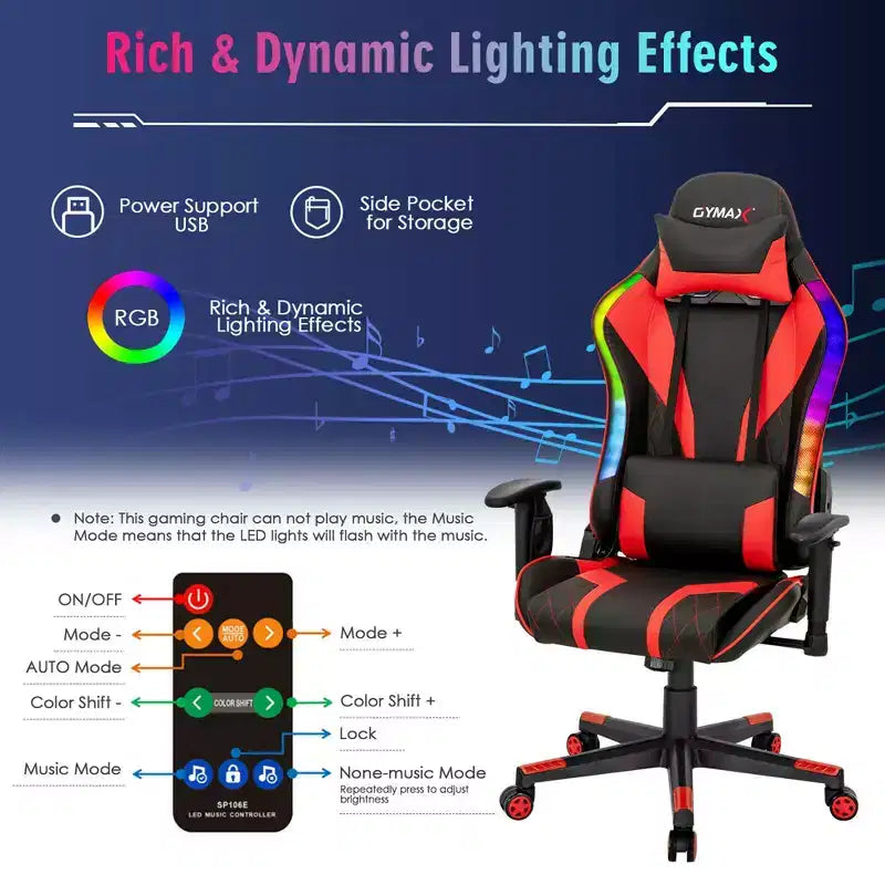 Chaise gaming Costway pivotante réglable pour ordinateur avec lumières LED dynamiques