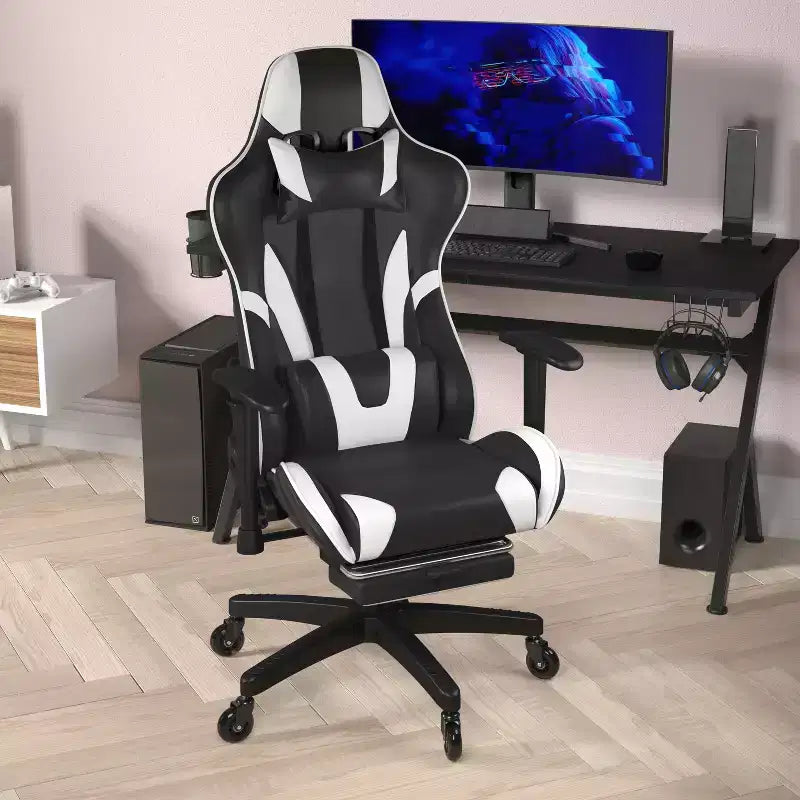 Chaise gaming Flash Furniture X30 de course pour ordinateur avec dossier inclinable, repose-pieds coulissant et roulettes transparentes