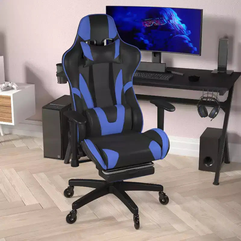Chaise gaming Flash Furniture X30 de course pour ordinateur avec dossier inclinable, repose-pieds coulissant et roulettes transparentes