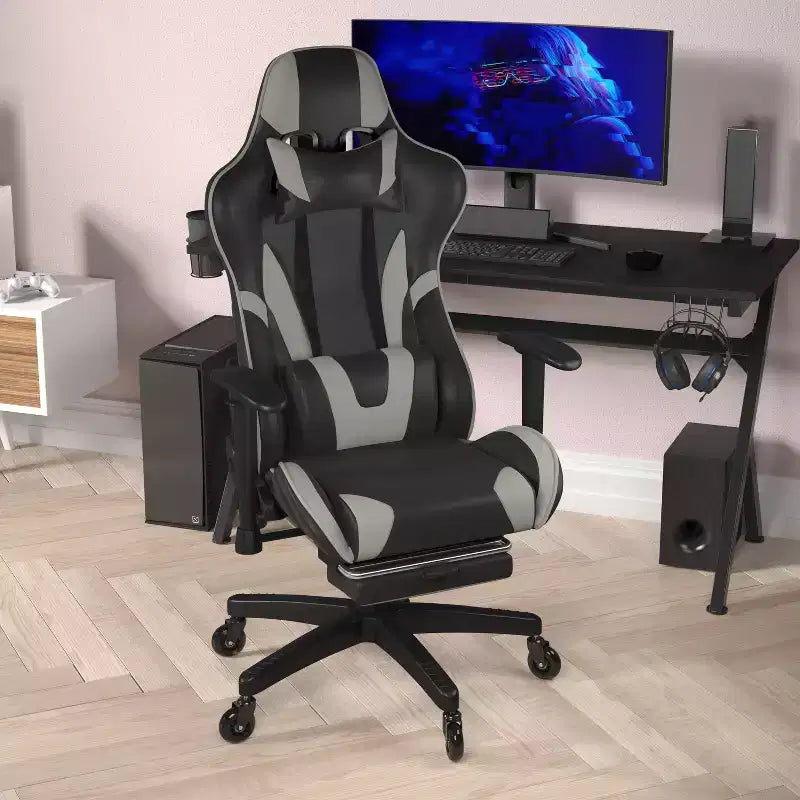 Chaise gaming Flash Furniture X30 de course pour ordinateur avec dossier inclinable, repose-pieds coulissant et roulettes transparentes