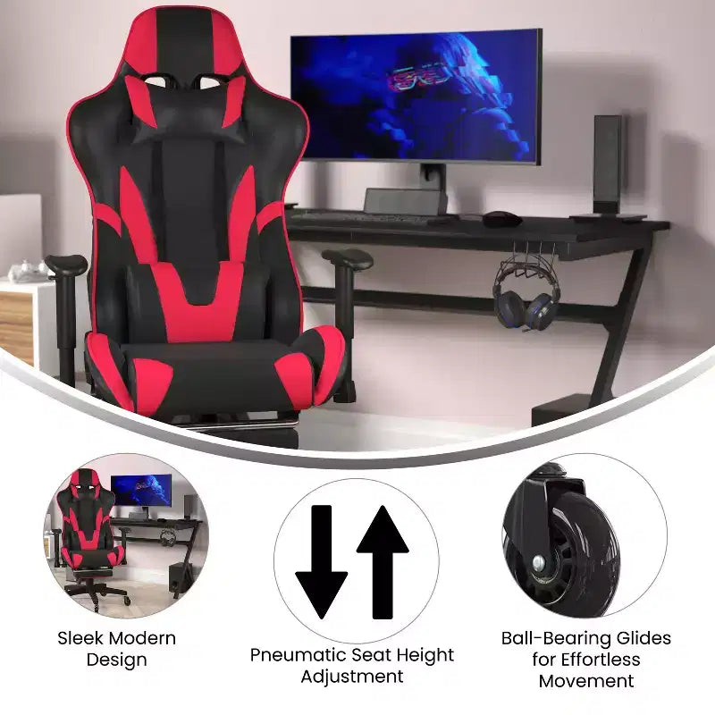 Chaise gaming Flash Furniture X30 de course pour ordinateur avec dossier inclinable, repose-pieds coulissant et roulettes transparentes