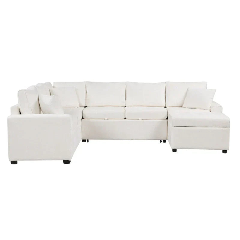 Canapé sectionnel en chenille avec canapé-lit escamotable, canapé-lit en forme de L avec ottoman de rangement, 3 coussins et prises de charge