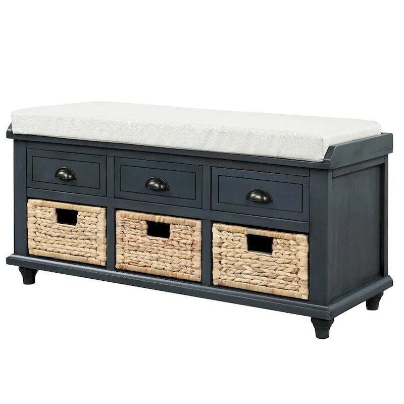 Banc de rangement rustique avec 3 tiroirs et 3 paniers en rotin, banc à chaussures pour salon et entrée