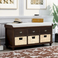 Banc de rangement rustique avec 3 tiroirs et 3 paniers en rotin, banc à chaussures pour salon et entrée