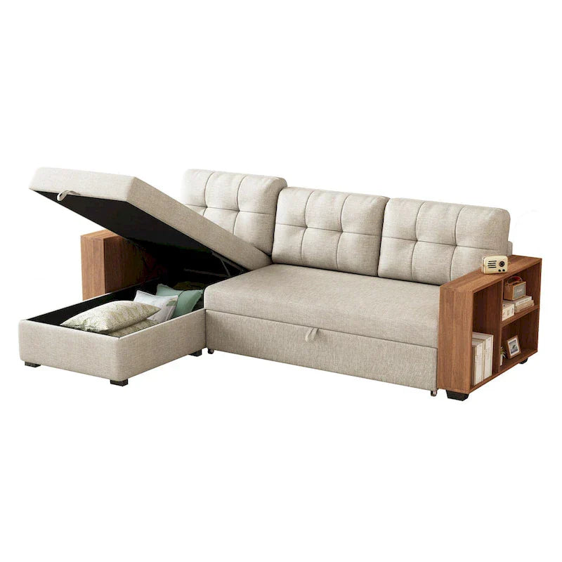 Canapé d'angle convertible avec lit escamotable et méridienne avec rangement caché