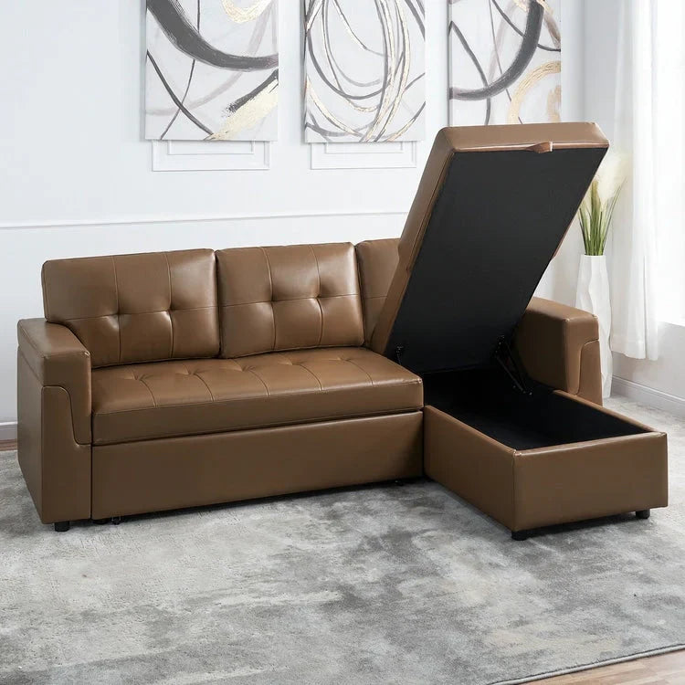 Canapé sectionnel réversible avec lit escamotable, méridienne de rangement dissimulée, pieds durables,