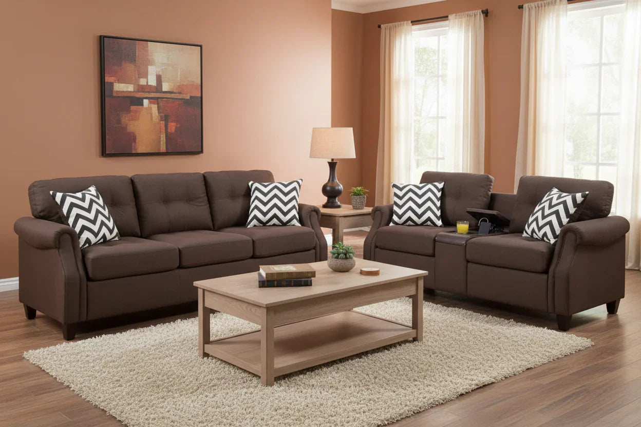 Ensemble canapé-causeuse 2 pièces avec 4 coussins, ports USB, marron foncé