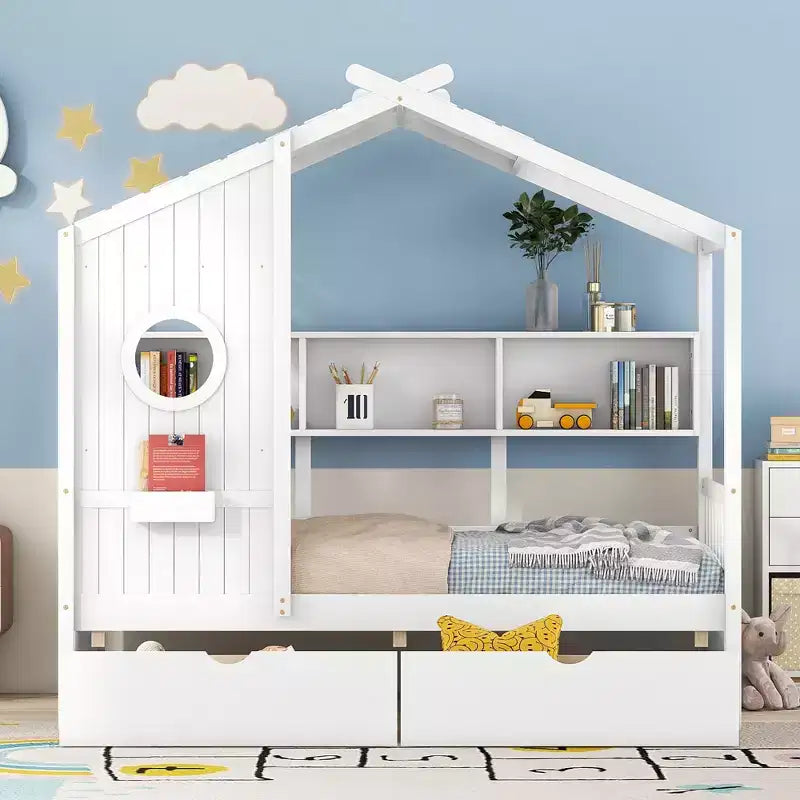 Lit maison en bois taille Twin / Full avec 2 tiroirs, lit enfant avec étagère de rangement - ModernLuxe