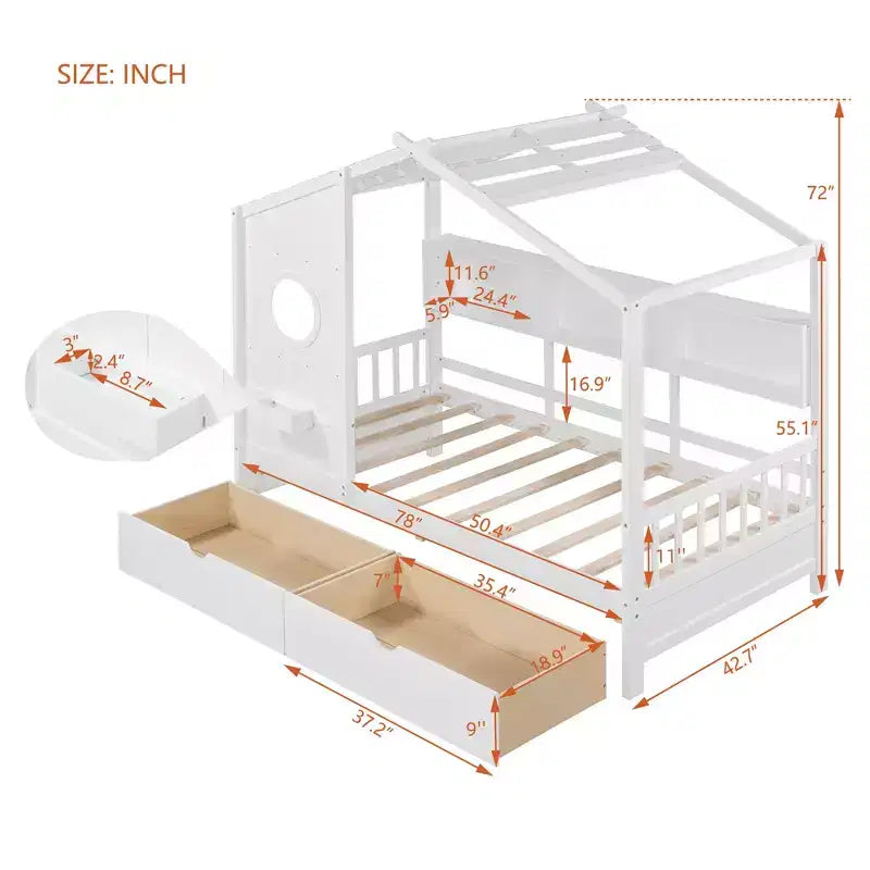 Lit maison en bois taille Twin / Full avec 2 tiroirs, lit enfant avec étagère de rangement - ModernLuxe