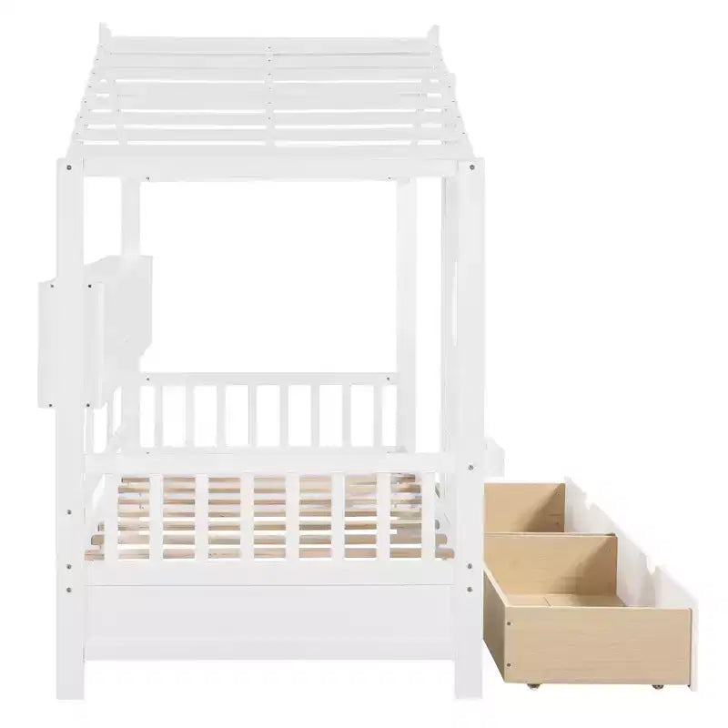 Lit maison en bois taille Twin / Full avec 2 tiroirs, lit enfant avec étagère de rangement - ModernLuxe