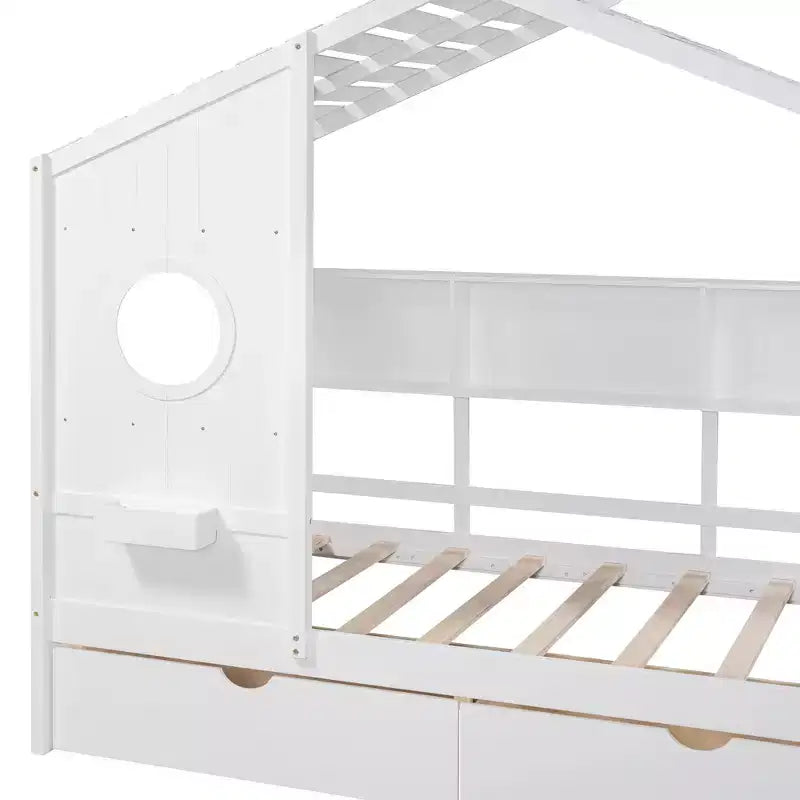 Lit maison en bois taille Twin / Full avec 2 tiroirs, lit enfant avec étagère de rangement - ModernLuxe