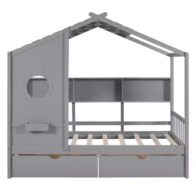Lit maison en bois taille Twin / Full avec 2 tiroirs, lit enfant avec étagère de rangement - ModernLuxe