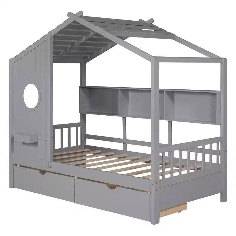 Lit maison en bois taille Twin / Full avec 2 tiroirs, lit enfant avec étagère de rangement - ModernLuxe