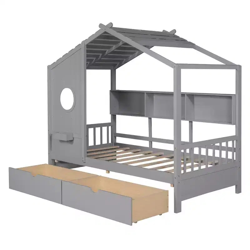 Lit maison en bois taille Twin / Full avec 2 tiroirs, lit enfant avec étagère de rangement - ModernLuxe