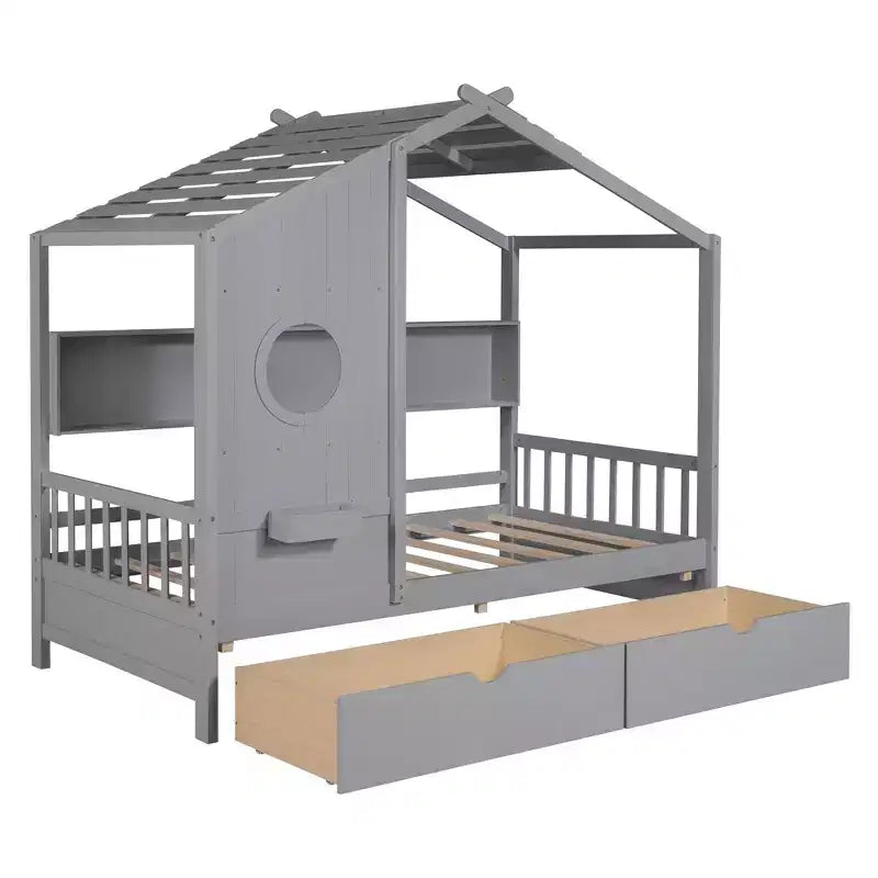 Lit maison en bois taille Twin / Full avec 2 tiroirs, lit enfant avec étagère de rangement - ModernLuxe