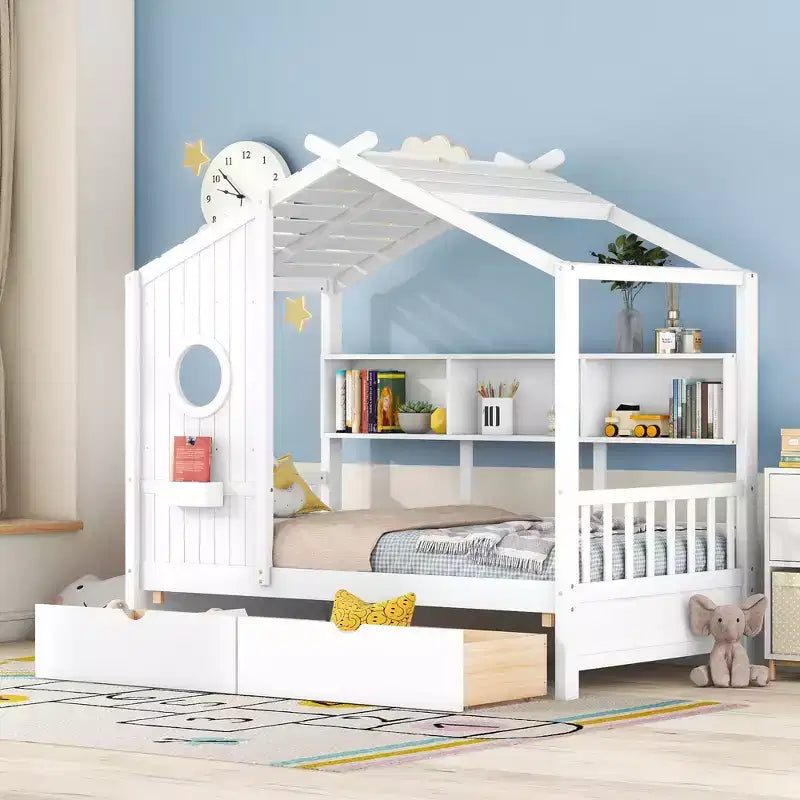 Lit maison en bois taille Twin / Full avec 2 tiroirs, lit enfant avec étagère de rangement - ModernLuxe